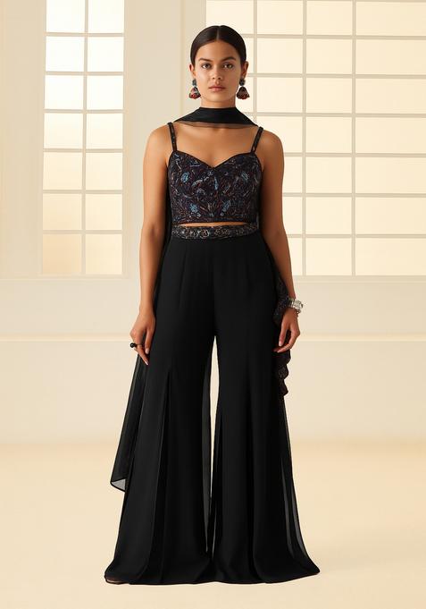 Black Sequin Blouse Georgette Fusion Set