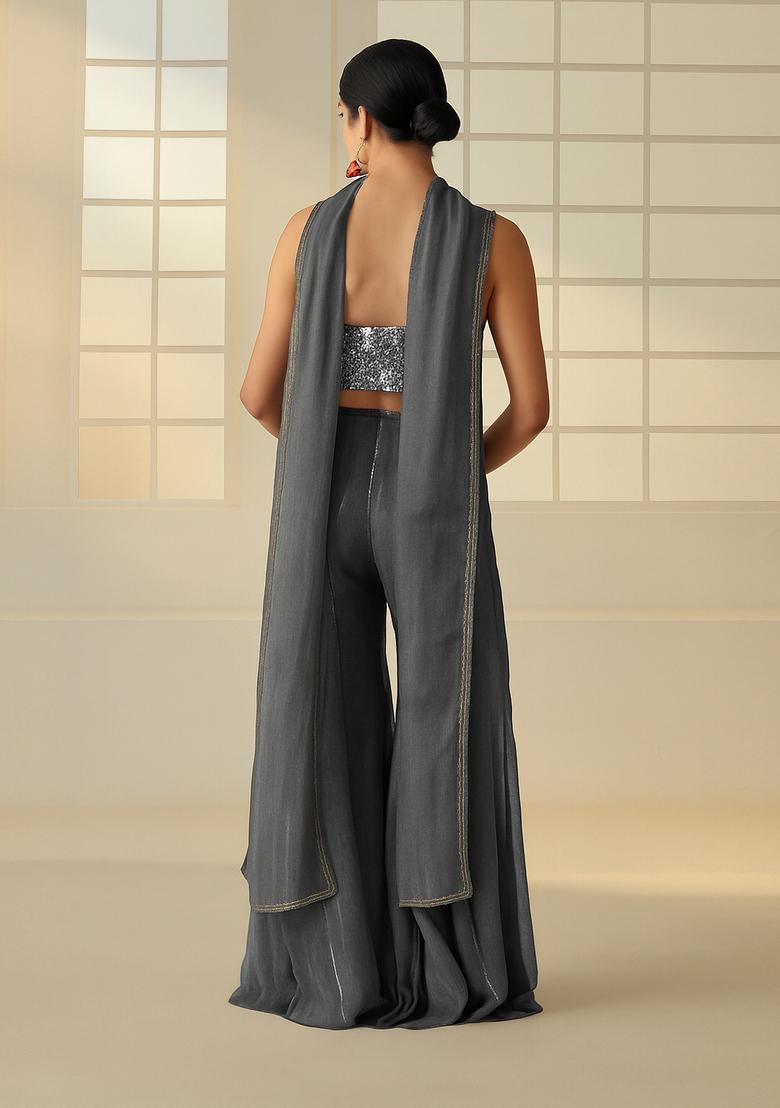 Grey Sequin Blouse Georgette Fusion Set - Indya