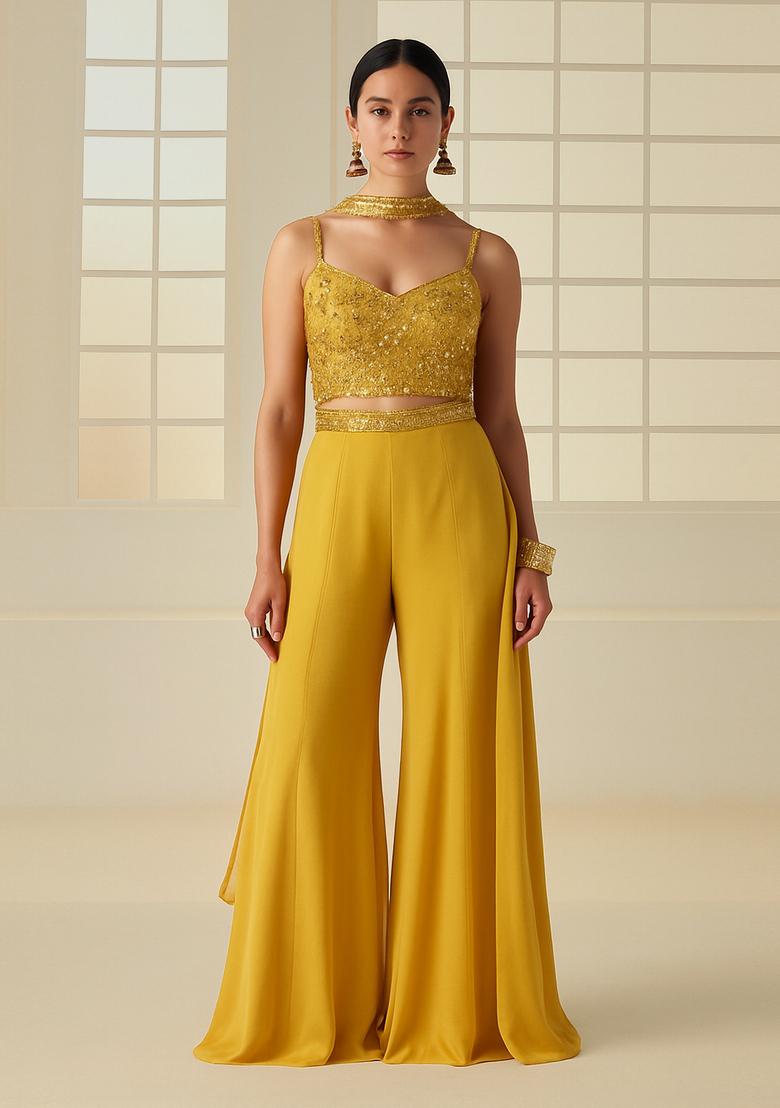 Yellow Sequin Blouse Georgette Fusion Set - Indya