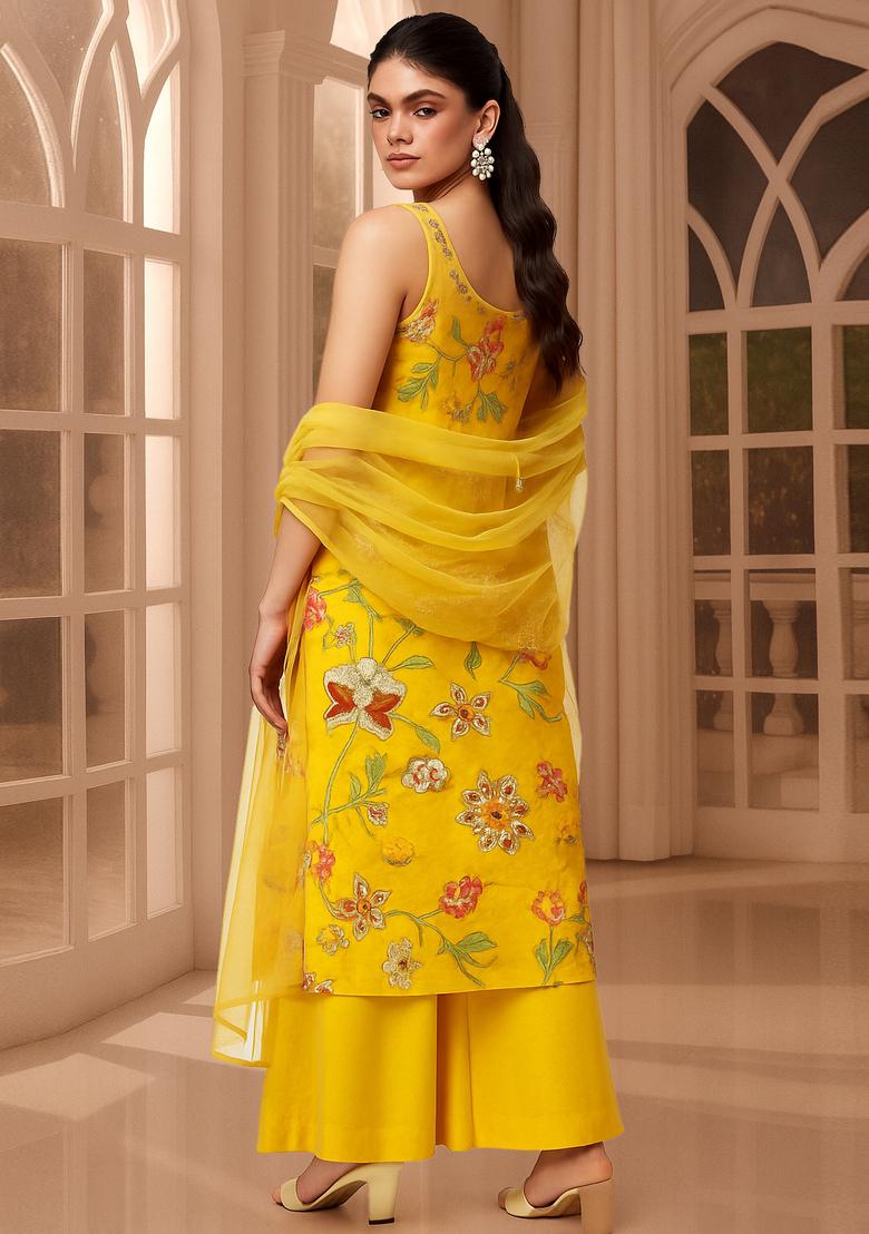 Yellow Embroidered Organza Silk Sharara Set - Indya