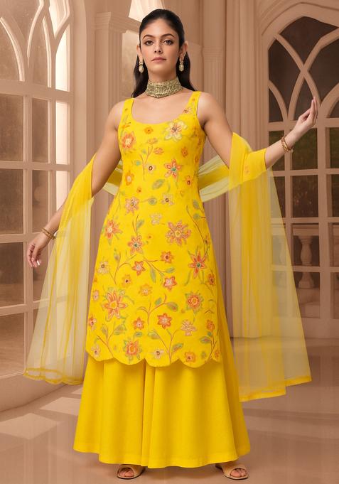 Yellow Embroidered Organza Silk Sharara Set