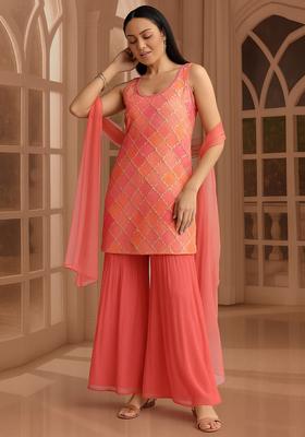 Peach Embroidered Chinon Sharara Set