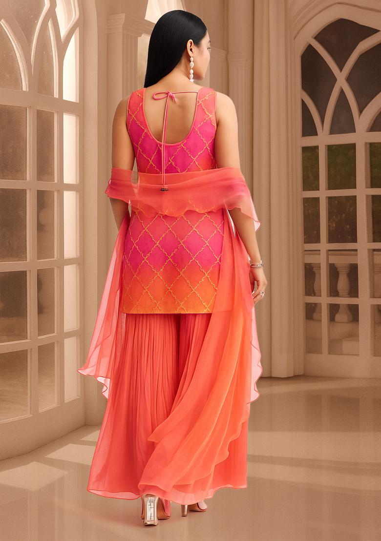 Peach Embroidered Chinon Sharara Set - Indya