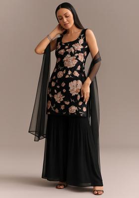 Black Embroidered Silk Sharara Set