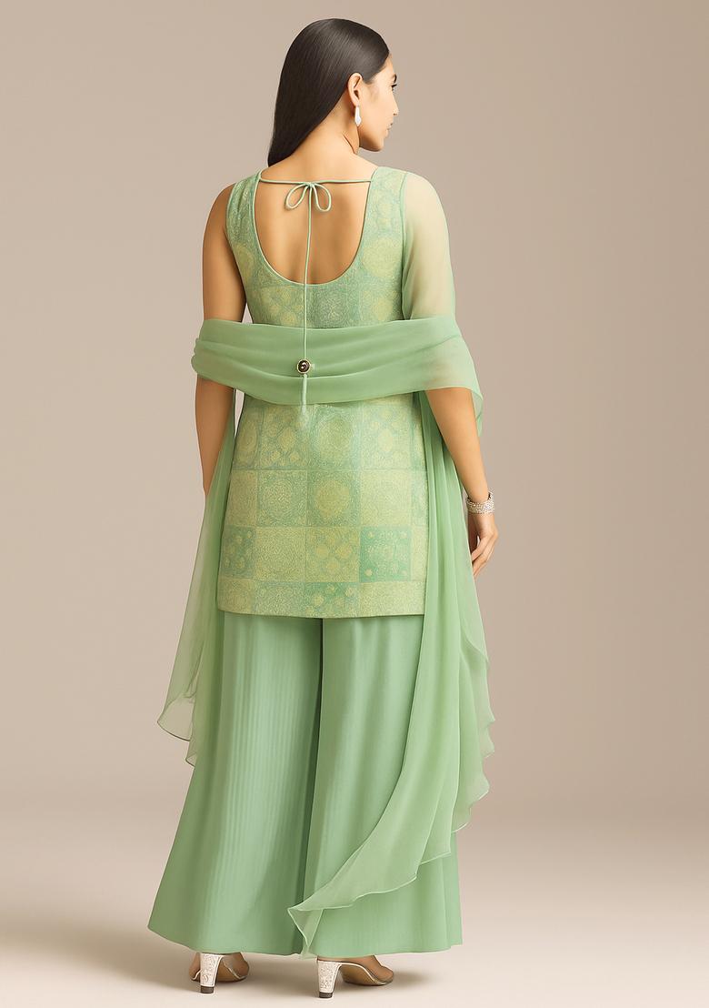 Sage Green Jacquard Brocade Sharara Set - Indya