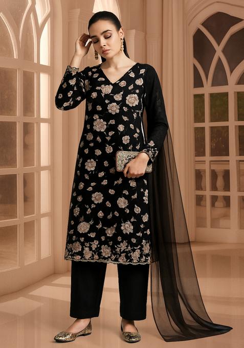 Black Embroidered Silk Kurta Set