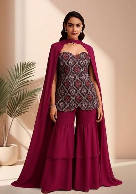 Maroon Thread Embroidered Velvet Sharara Set