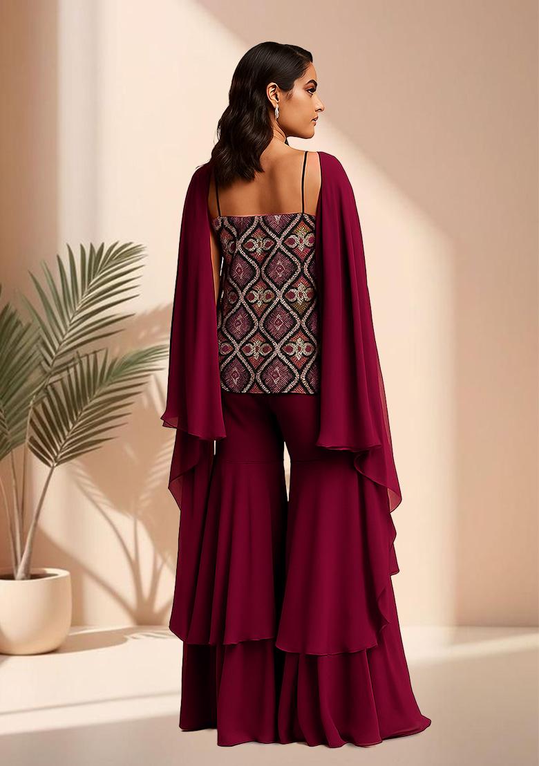 Maroon Thread Embroidered Velvet Sharara Set - Indya