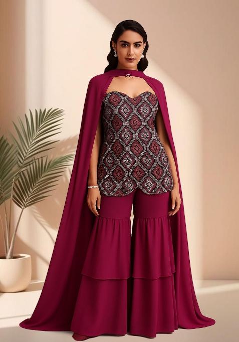 Maroon Thread Embroidered Velvet Sharara Set