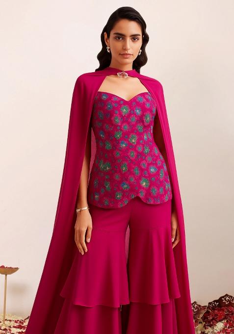 Rani Pink Zari Embroidered Silk Sharara Set