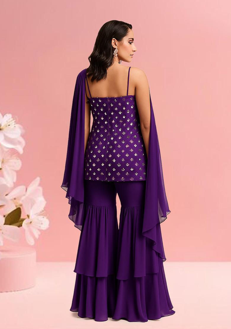 Purple Embelished Silk Sharara Set - Indya