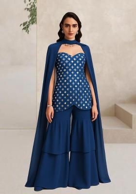 Blue Embelished Silk Sharara Set