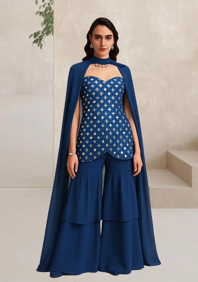Blue Embelished Silk Sharara Set