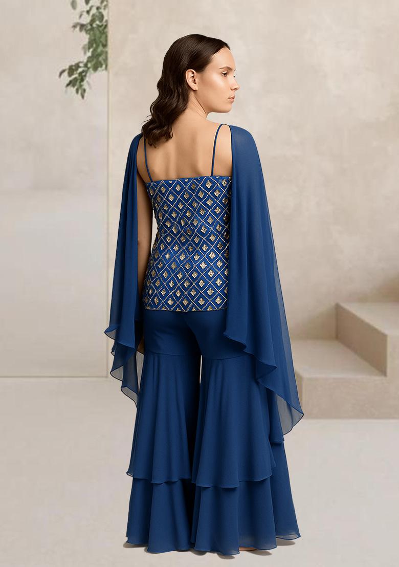 Blue Embelished Silk Sharara Set - Indya