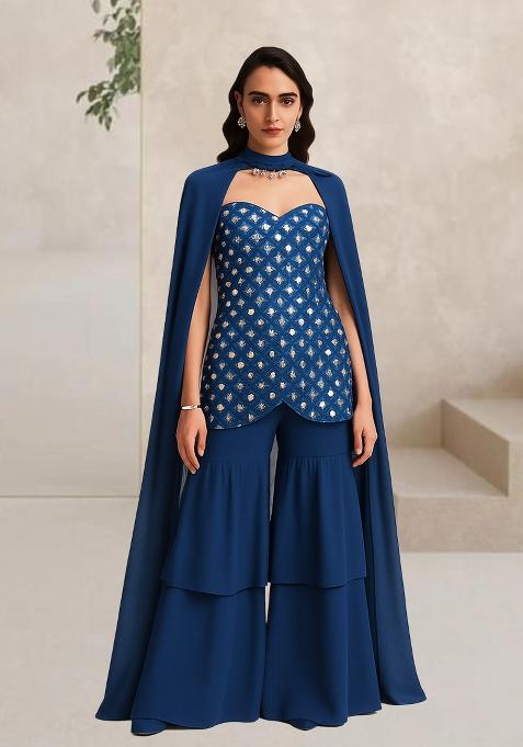 Blue Embelished Silk Sharara Set