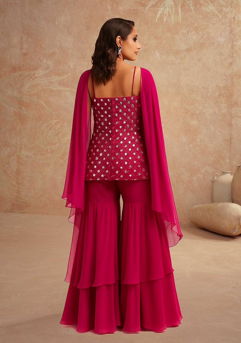 Magenta Pink Embelished Silk Sharara Set - Indya
