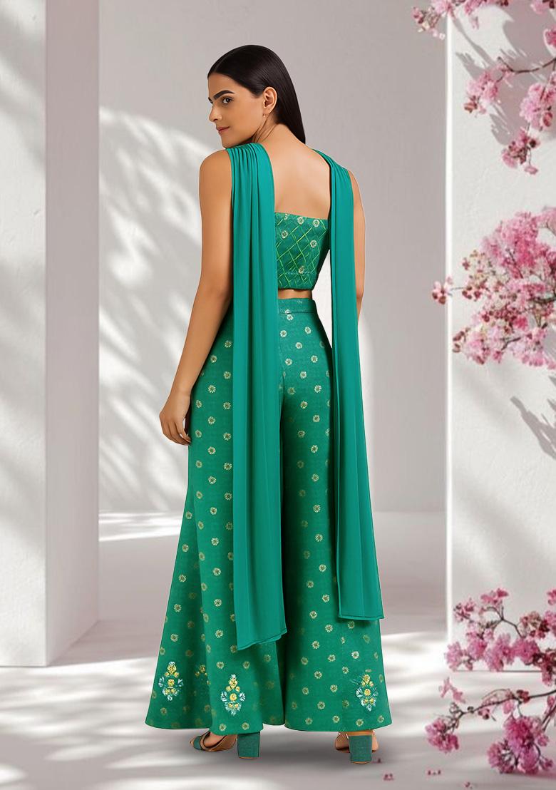Sea Green Jacquard Tissue Fusion Set - Indya