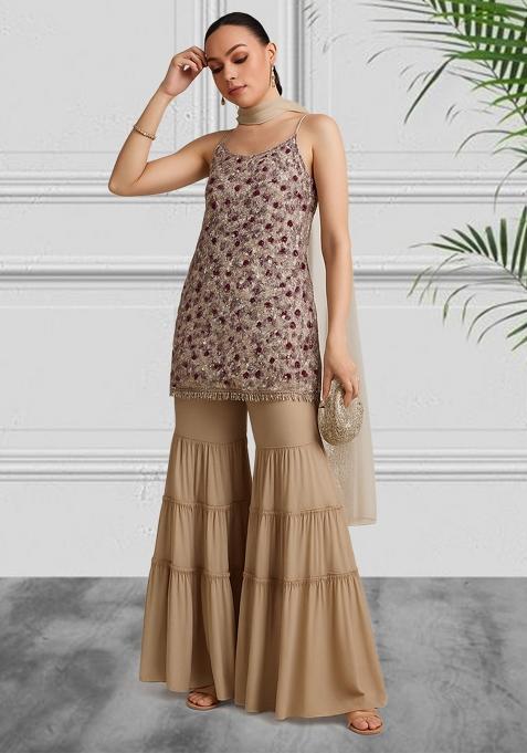 Beige Sequin Embellished Net Sharara Set