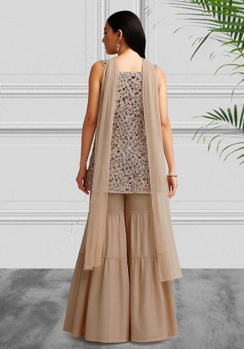Beige Sequin Embellished Net Sharara Set