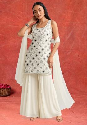 White Embellished Georgette Sharara Set