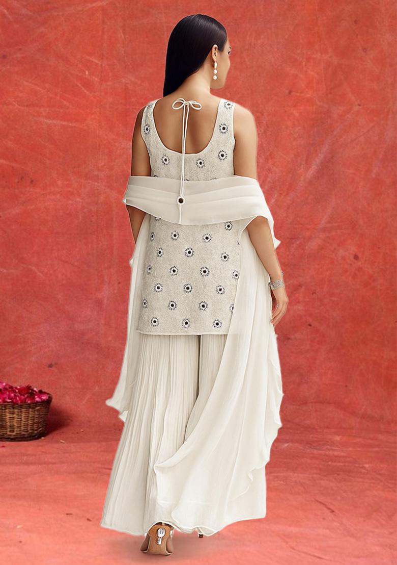 White Embellished Georgette Sharara Set - Indya