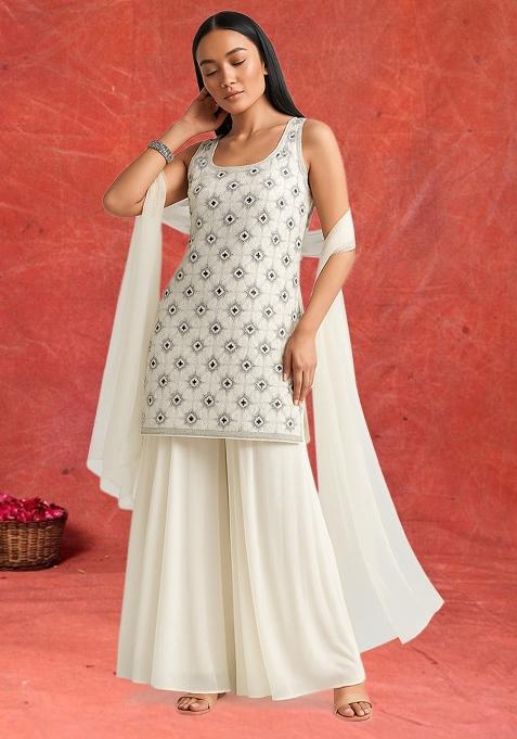 White Embellished Georgette Sharara Set