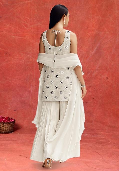 White Embellished Georgette Sharara Set