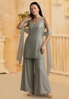 Grey Embellished Net Sharara Set