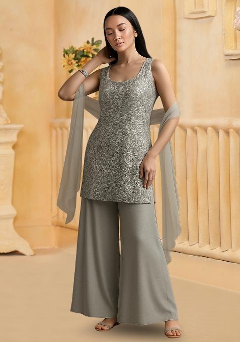Grey Embellished Net Sharara Set