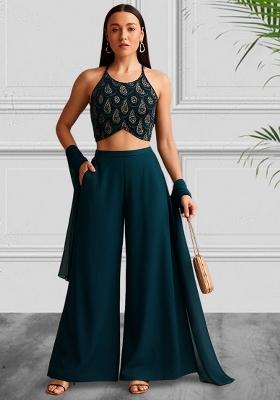 Royal Blue Embellished Top Georgette Fusion Set