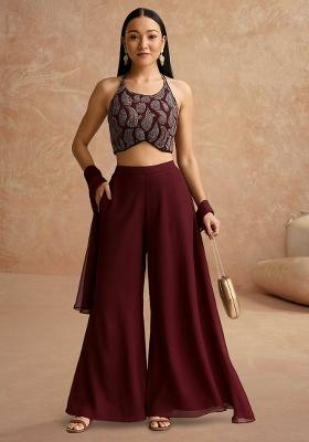 Maroon Embellished Top Georgette Fusion Set