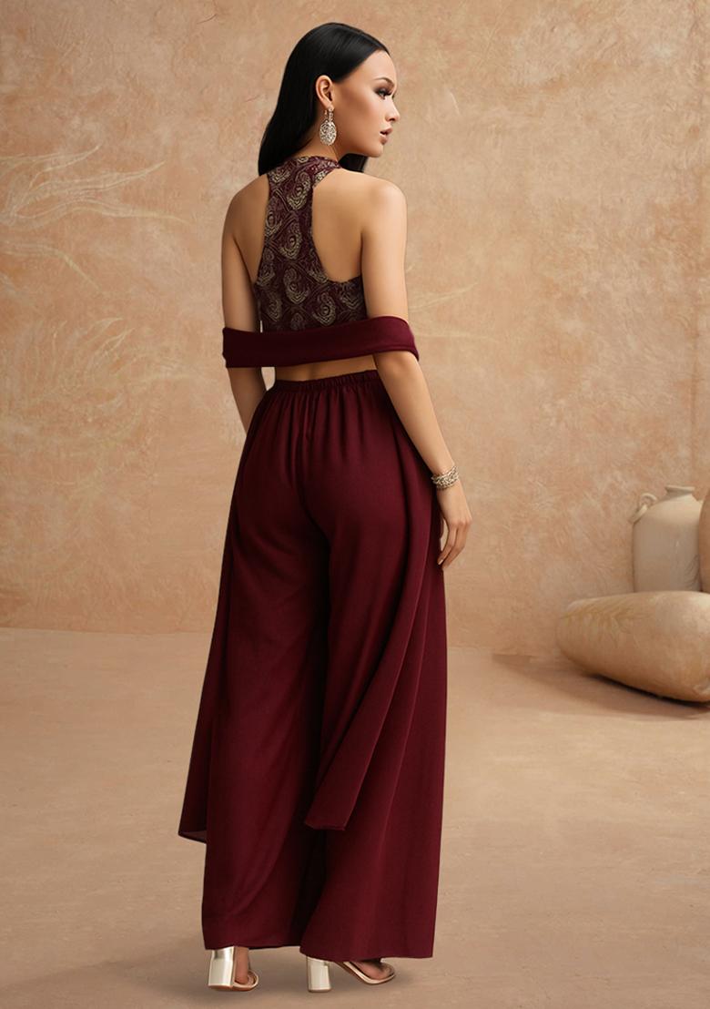 Maroon Embellished Top Georgette Fusion Set - Indya