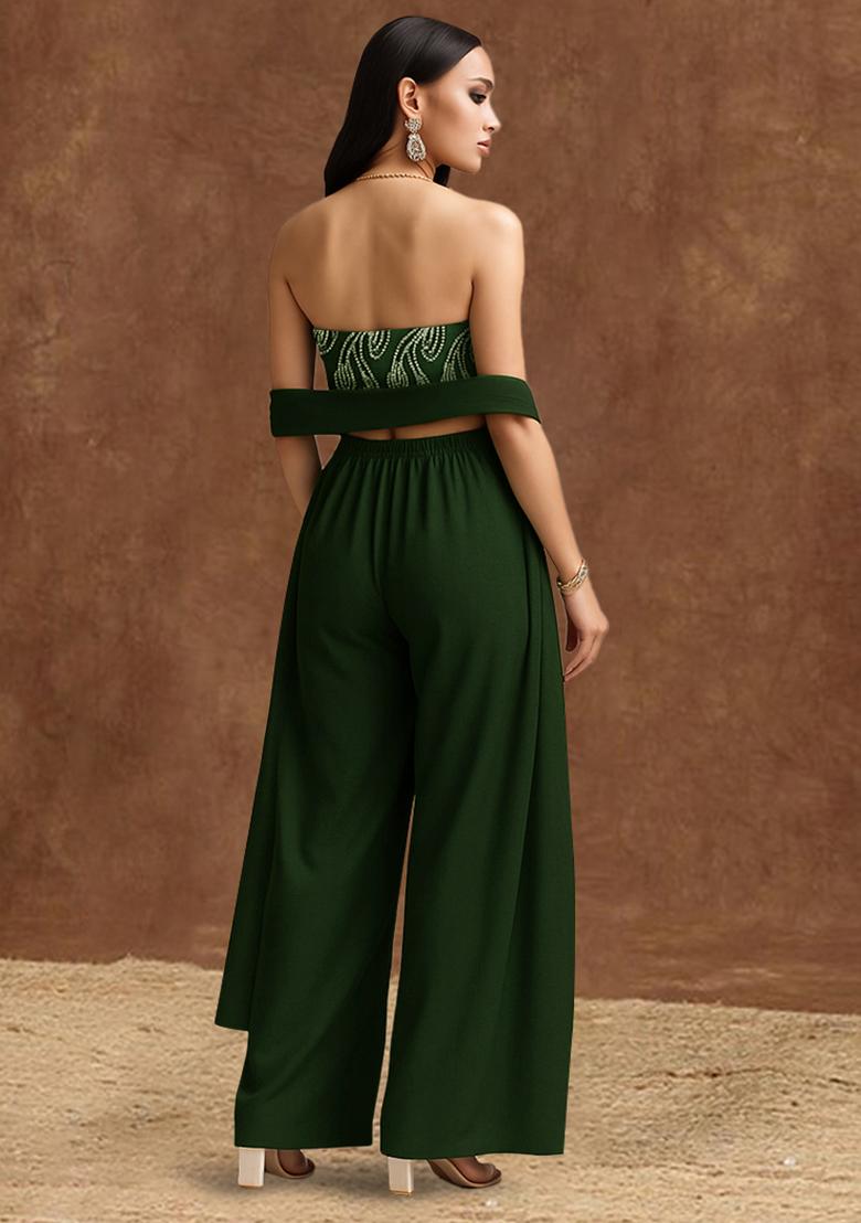 Green Embellished Top Georgette Fusion Set - Indya