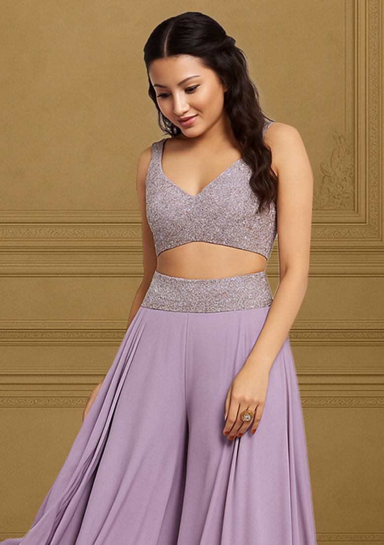 Lilac Embellished Top Georgette Fusion Set - Indya