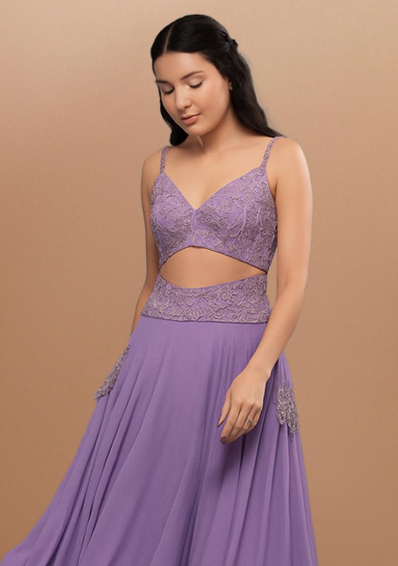 Purple Embroidered Top Georgette Fusion Set - Indya