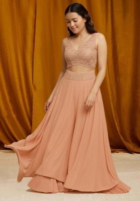 Peach Embroidered Top Georgette Fusion Set