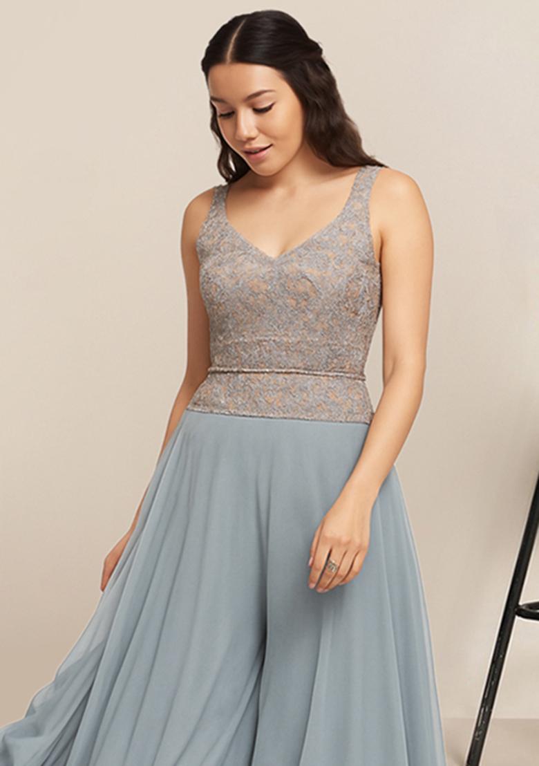 Grey Sequin Embroidered Top Georgette Fusion Set - Indya