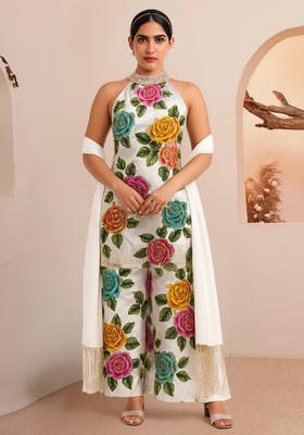 White Zari Embroidered Crepe Kurta Set