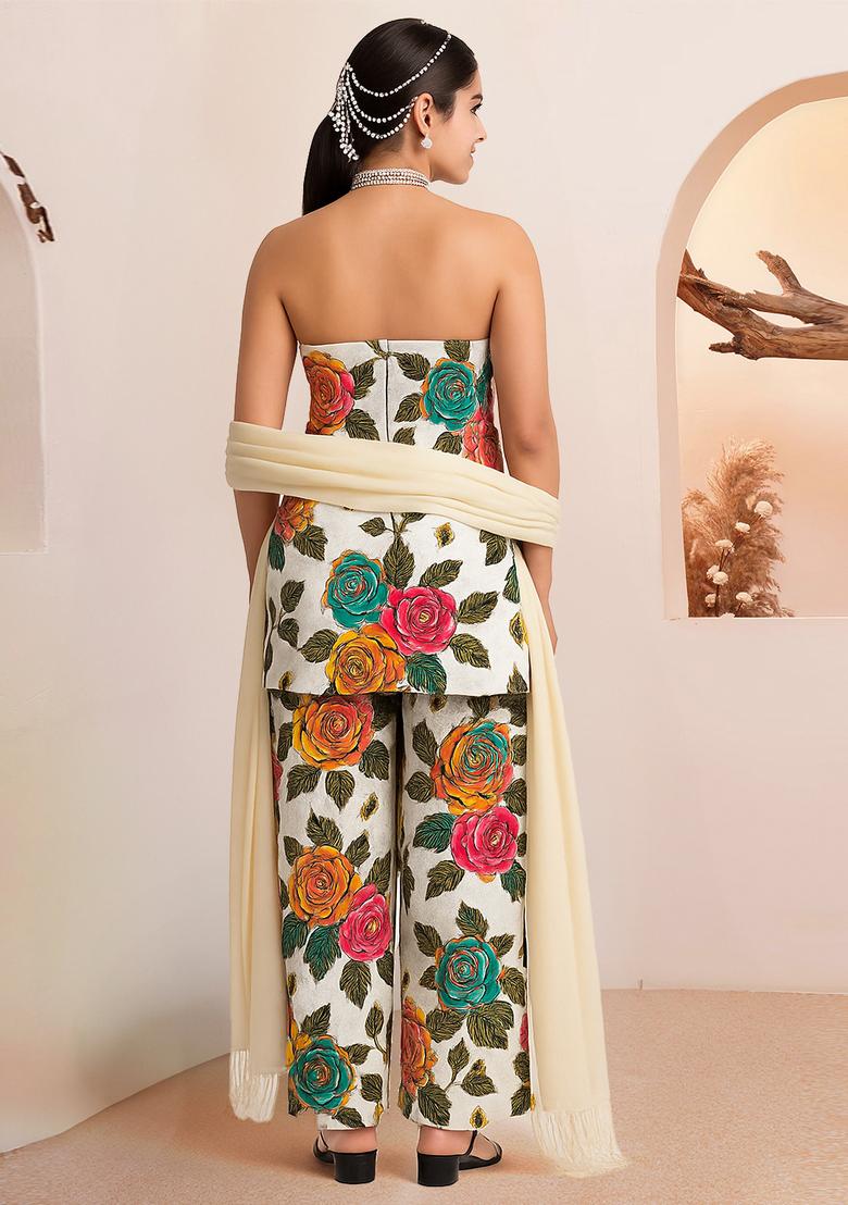 White Zari Embroidered Crepe Kurta Set - Indya