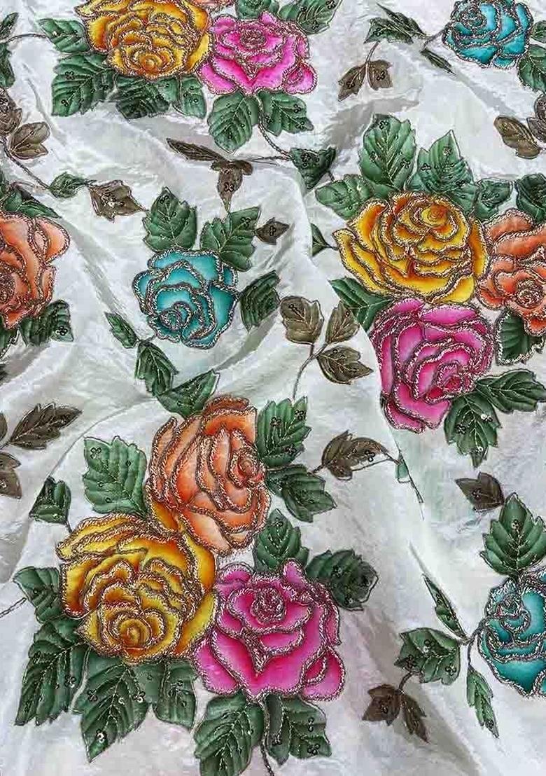 White Zari Embroidered Crepe Kurta Set - Indya