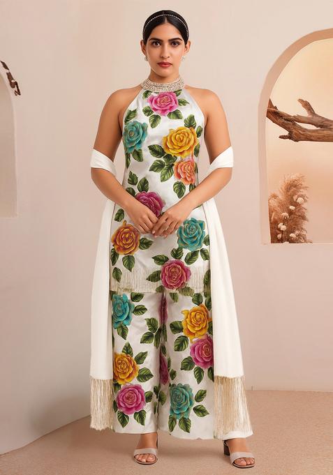 White Zari Embroidered Crepe Kurta Set