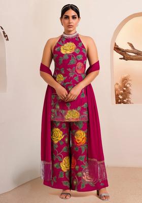 Pink Zari Embroidered Crepe Kurta Set