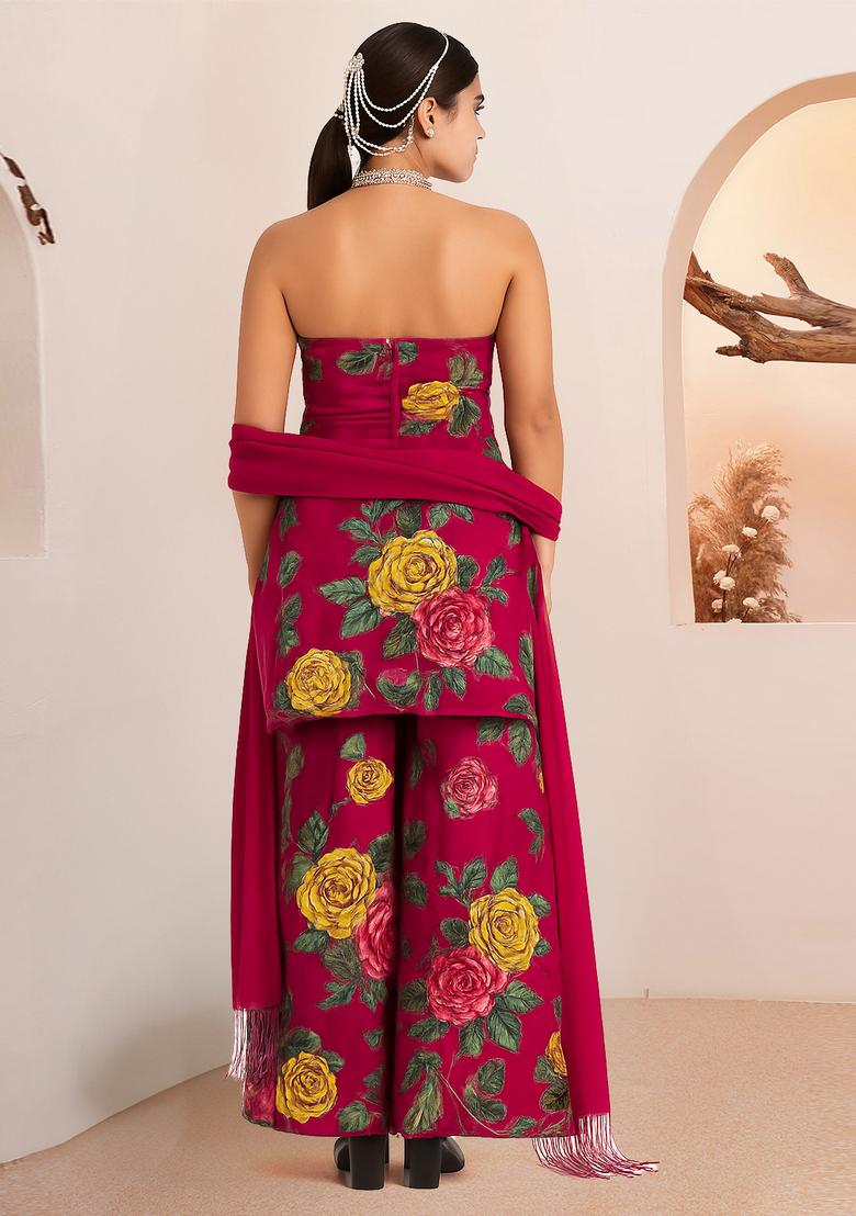 Pink Zari Embroidered Crepe Kurta Set - Indya