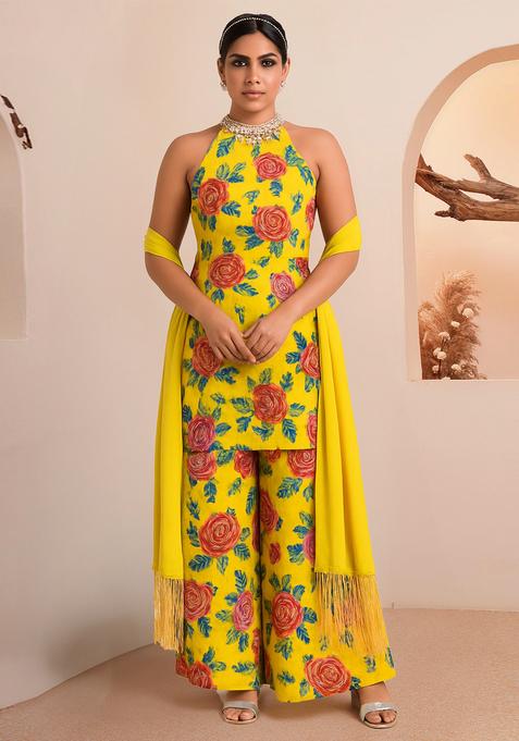 Yellow Printed Crepe Kurta Set