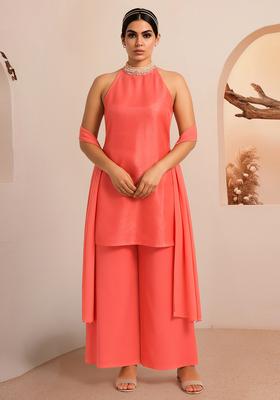 Peach Solid Satin Kurta Set