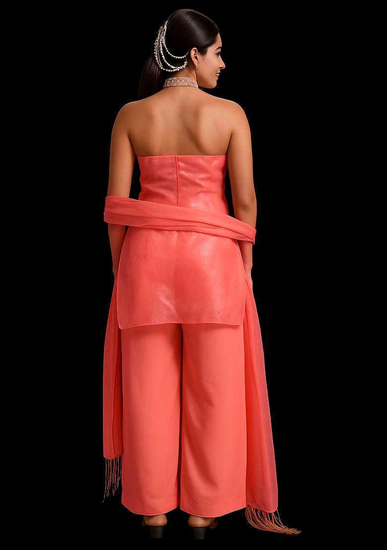 Peach Solid Satin Kurta Set - Indya