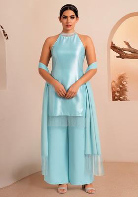 Sky Blue Solid Organza Kurta Set