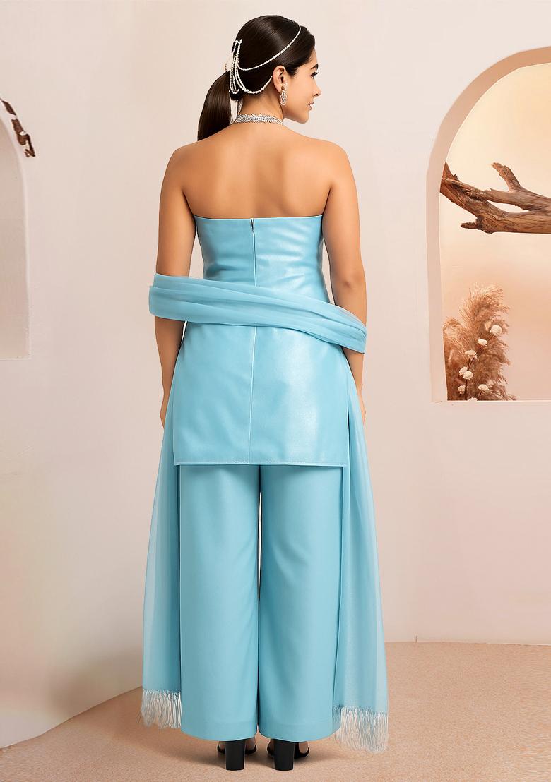 Sky Blue Solid Organza Kurta Set - Indya