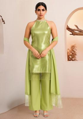 Lime Green Solid Organza Kurta Set