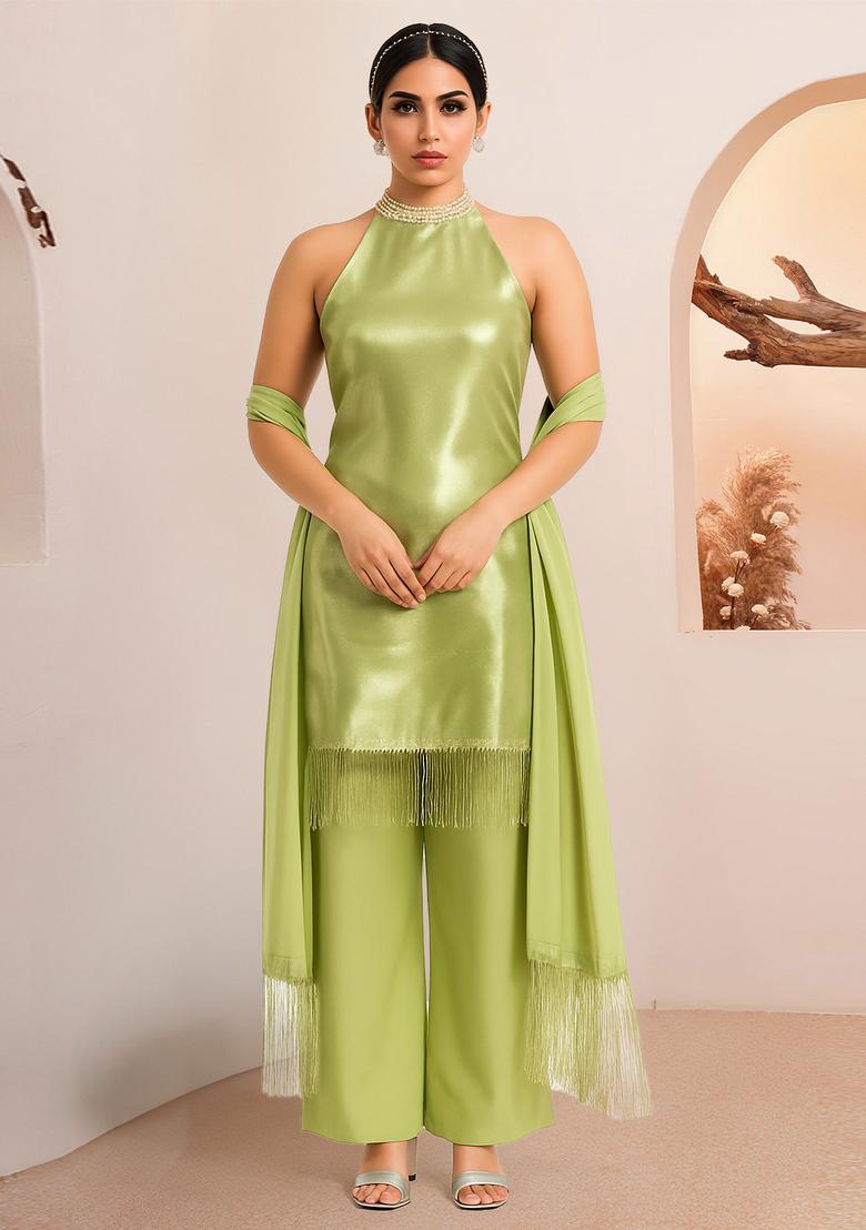 Lime Green Solid Organza Kurta Set